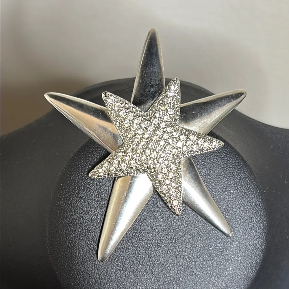 Brushed Silver Double Crystal Star Brooch Statement Rhinestone